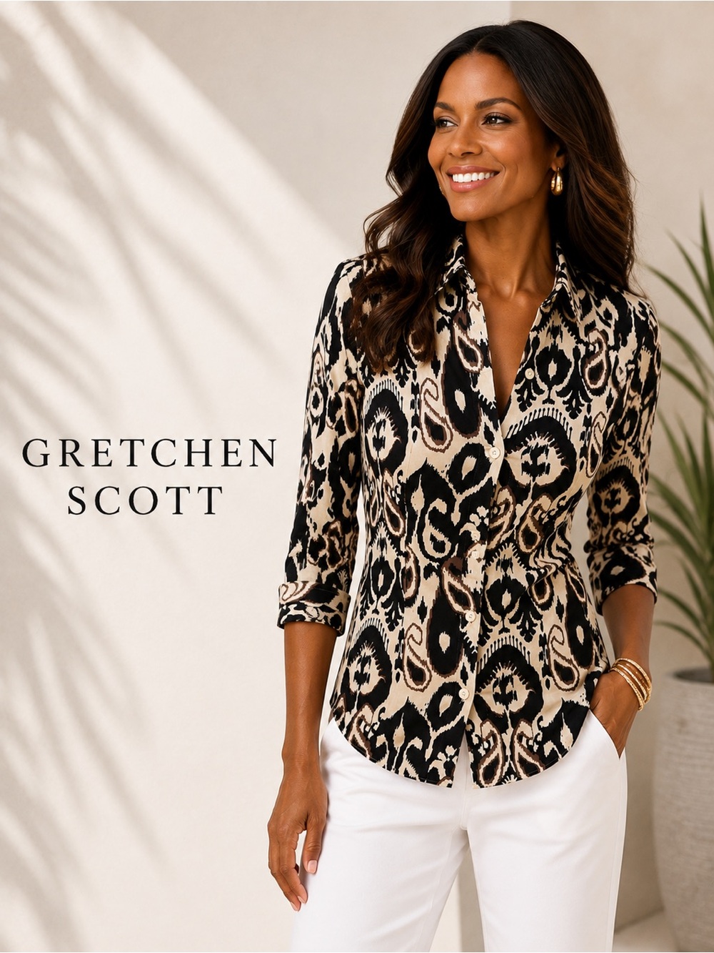 Gretchen Scott Button-Front Women's Beige and Brown Patterned Shirt. Pre-owned